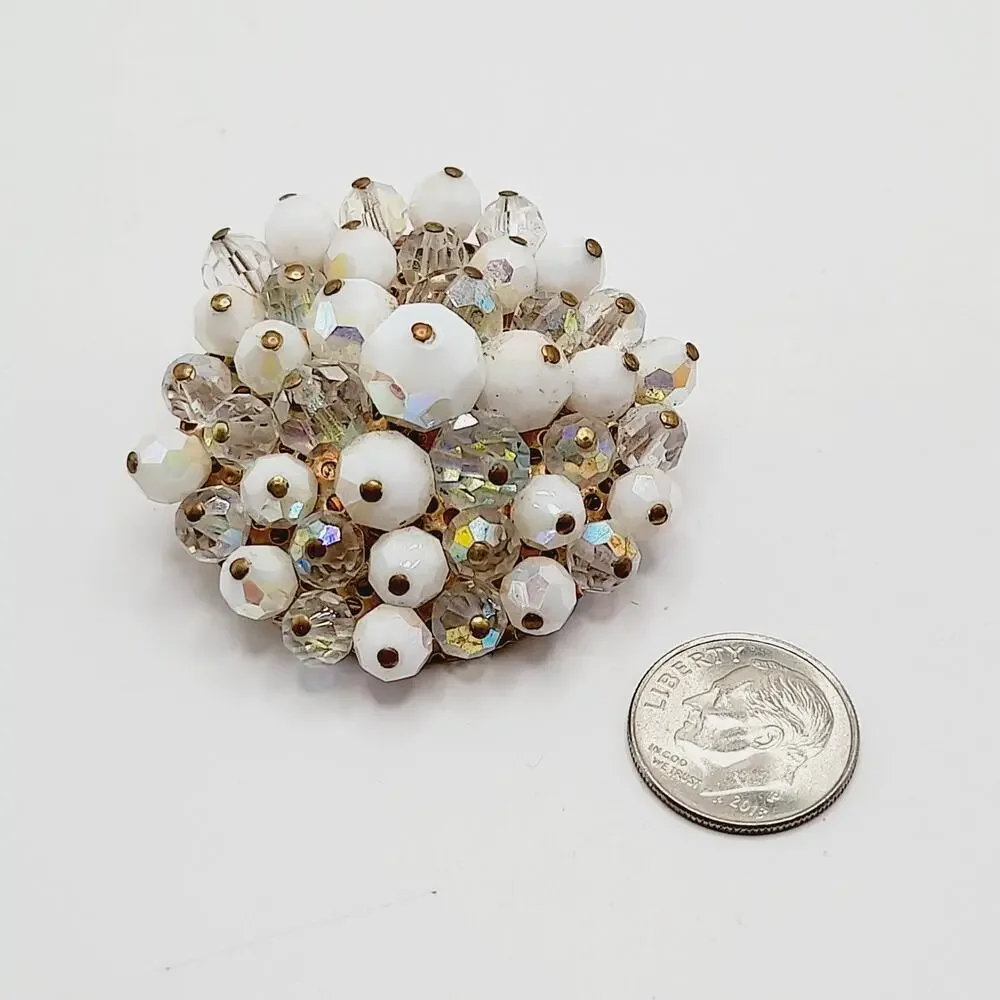 Vintage Beaded Brooch Clear & White AB Crystals Gold Tone Round 2 Inch